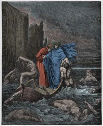 Inferno, Canto 8: De ziel van de Florentijn Philippo Argenti benadert de dichters op de Styx, illustratie uit De Goddelijke Komedie van Dante Alighieri, 1885 (digitaal ingekleurde gravure)